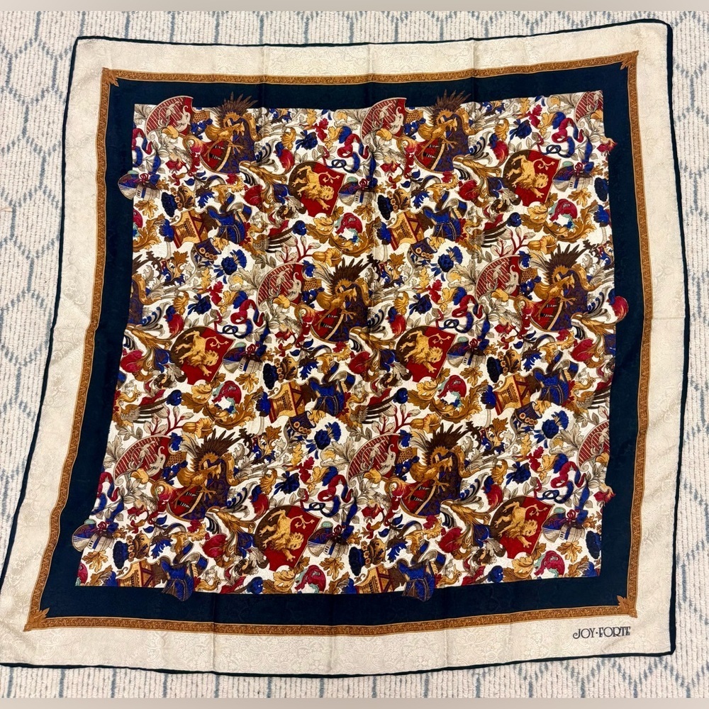 JOY FORTE Vintage 80’s 100% Silk Heraldic Crest Lion Coat Arms Multicolor Scarf